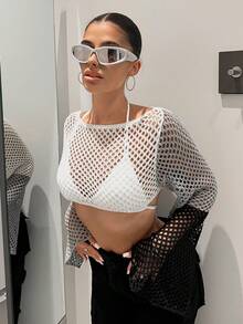 SHEIN ICON 鏤空短款毛衣不附胸罩 - 灰色 - 查看 5