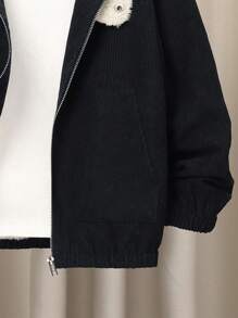 SHEIN Tween Boy Zipper Placket Teddy Lined Jacket - Black - View 7