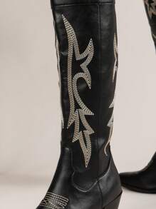 时尚方头粗跟马靴，西部刺绣复古过膝女牛仔靴，适合假日性感女士靴 - 黑色 - 查看 6