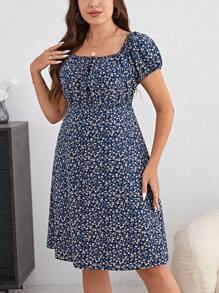 SHEIN VCAY 大碼碎花泡泡袖連衣裙 - 藏蓝色 - 查看 4