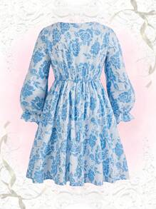 Flirla Talla grande Vestido con estampado floral de cuello cuadrado de manga con volante - Azul y blanco - Ver 2