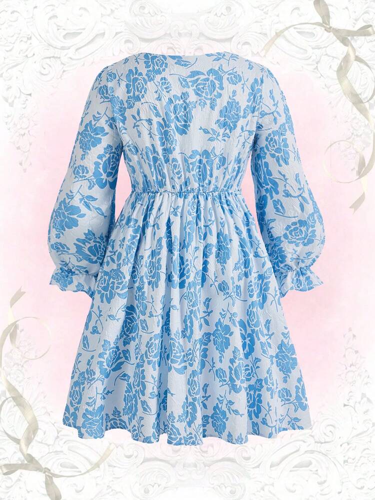 Plus Floral Print Square Neck Flounce Sleeve Dress