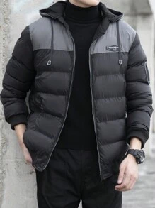 Manfinity Homme Áo khoác nam cỡ lớn có đệm lót có họa tiết chữ, thiết kế khối màu và mũ trùm đầu có dây rút - màu đen - Xem 4