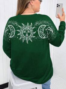 Flirla Plus Sun & Moon Print Drop Shoulder Tee - Dark Green - View 1