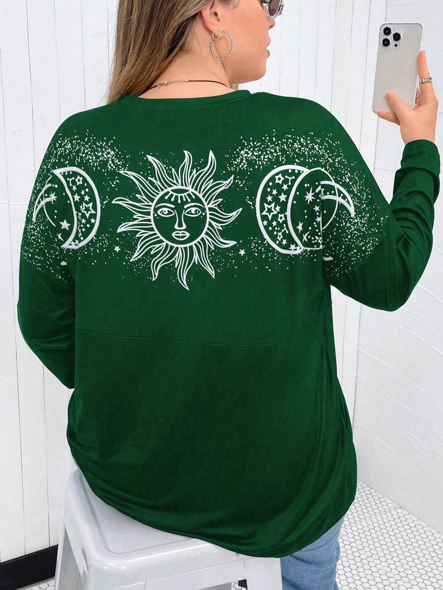 Flirla Plus Sun & Moon Print Drop Shoulder Tee - Dark Green - View 1