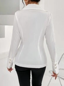SHEIN Privé Lapel Neck Ruched Waist Button Front Shirt - White - View 2