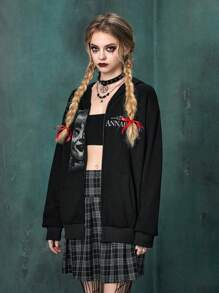 Annabelle | ROMWE Letter Figure Graphic Drop Shoulder Hoodie - Black - View 4