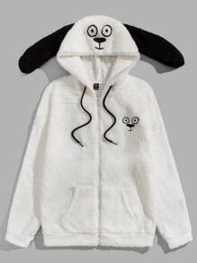 Manfinity RebelGame 宽松版型男士卡通刺绣 3D 耳朵设计抽绳连帽泰迪夹克 - 米色 - 查看 1