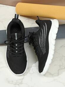 女士黑色休闲针织跑鞋，轻便运动运动鞋 - 黑色 - 查看 4