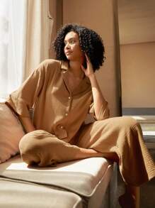 Ocili Leisure Drop Shoulder Button Front Lounge Top - Brown - View 7