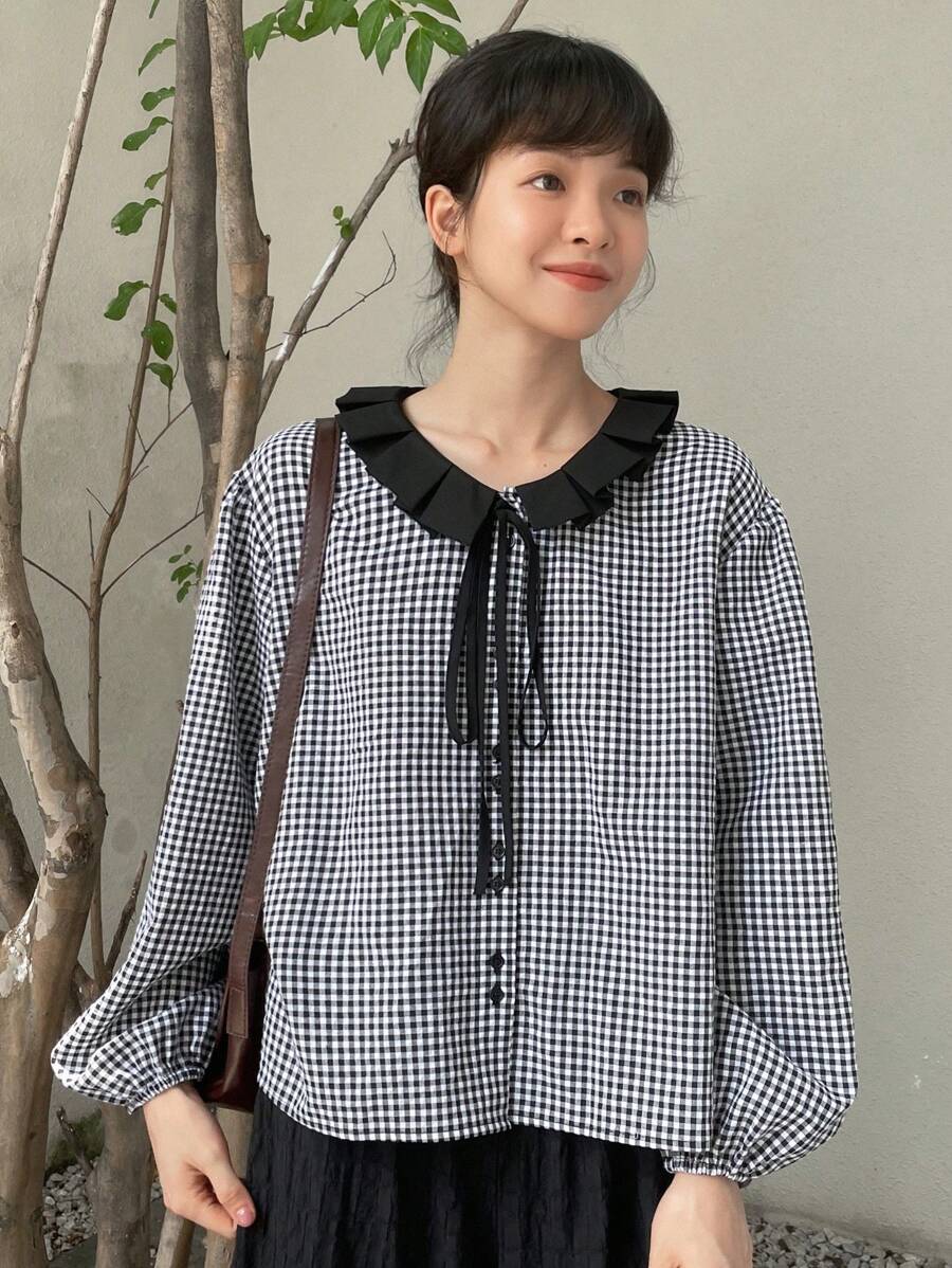 FRIFUL Gingham Print Ruffle Trim Tie Neck Lantern Sleeve Blouse - Black and White - View 1