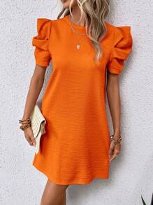SHEIN Clasi Solid Puff Sleeve Tunic Dress - Orange - View 5