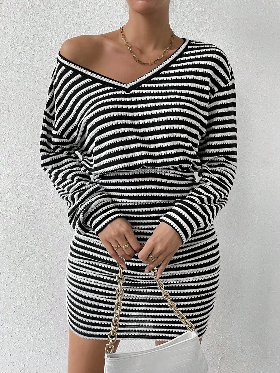 Chiquease Striped Print Drop Shoulder Bodycon Dress - Black and White - View 1