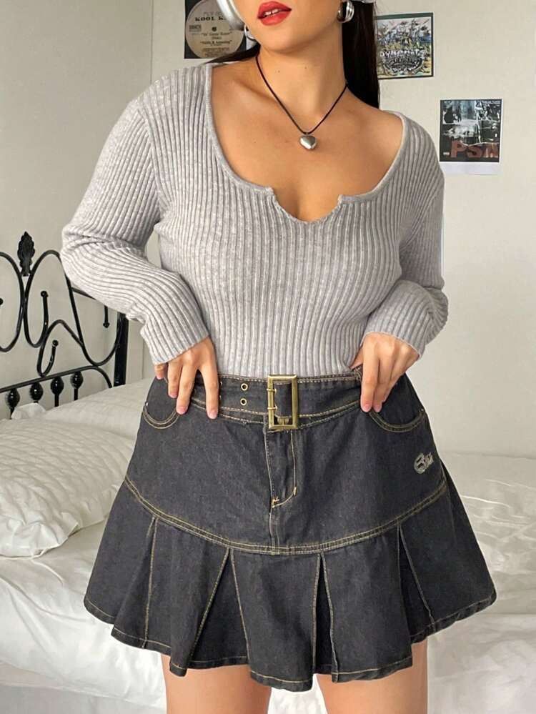 Plus Notched Neckline Ribbed Knit Sweater