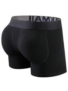 Men Letter Tape Waistband Contrast Tape Boxer Brief - Black - View 1