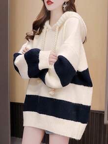 Korean Style Casual Colorblock Striped Knit Sweater For Women, Hooded Chunky Cable Knit Drawstring Loose Lazy Mid-Length Cardigan - Apricot - View 3