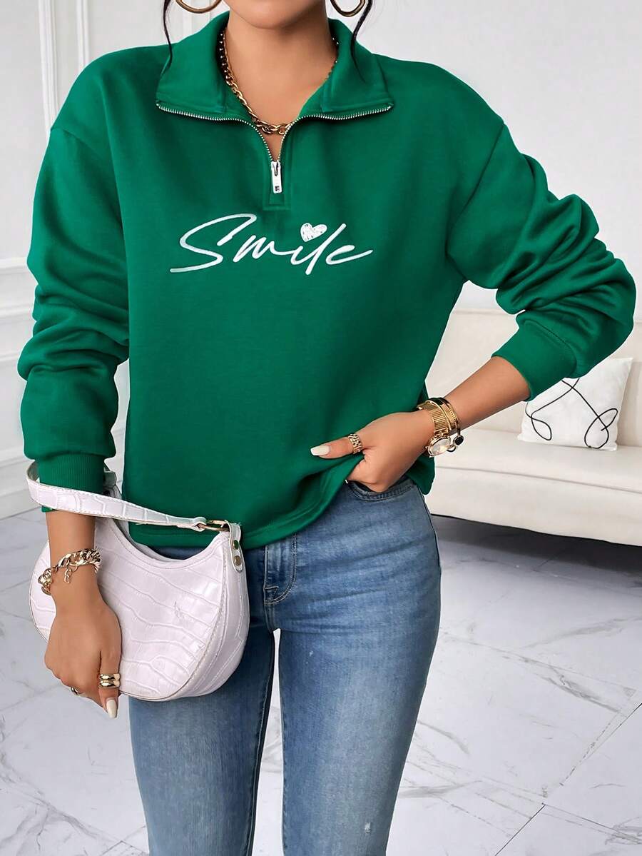 SHEIN Essnce Letter Graphic Half Zip Drop Shoulder Sweatshirt - Green - View 1