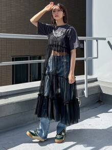 FRIFUL 1 pieza Vestido camisero de gasa con volantes multicapa y superposición de malla transparente
