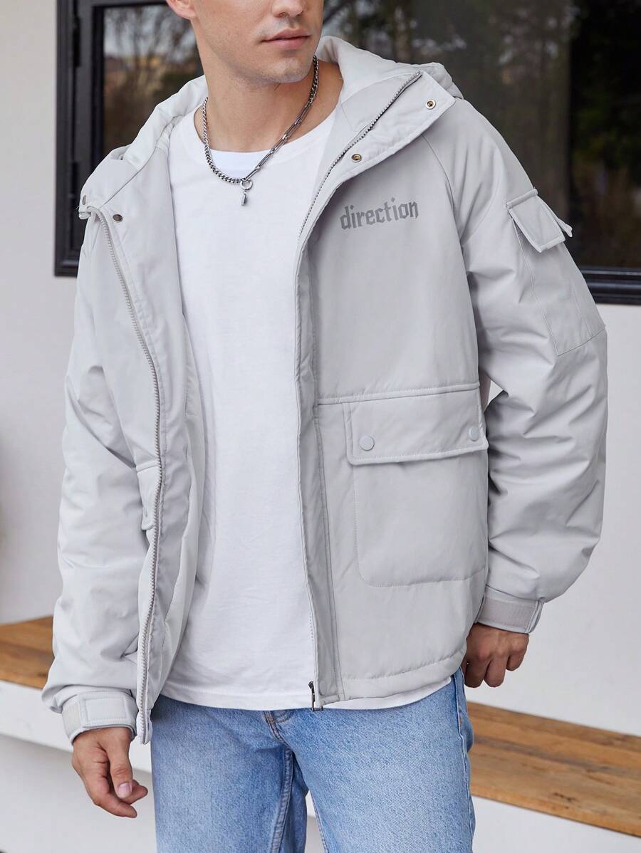 Manfinity Homme Loose Fit Men's Hooded Padded Coat With Letter Graphic And Flap Pockets - Light Grey - View 1