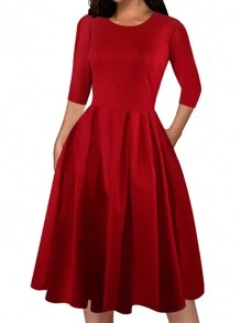 Vestido Cremallera Tablas Liso Elegante - Burdeos - Ver 1