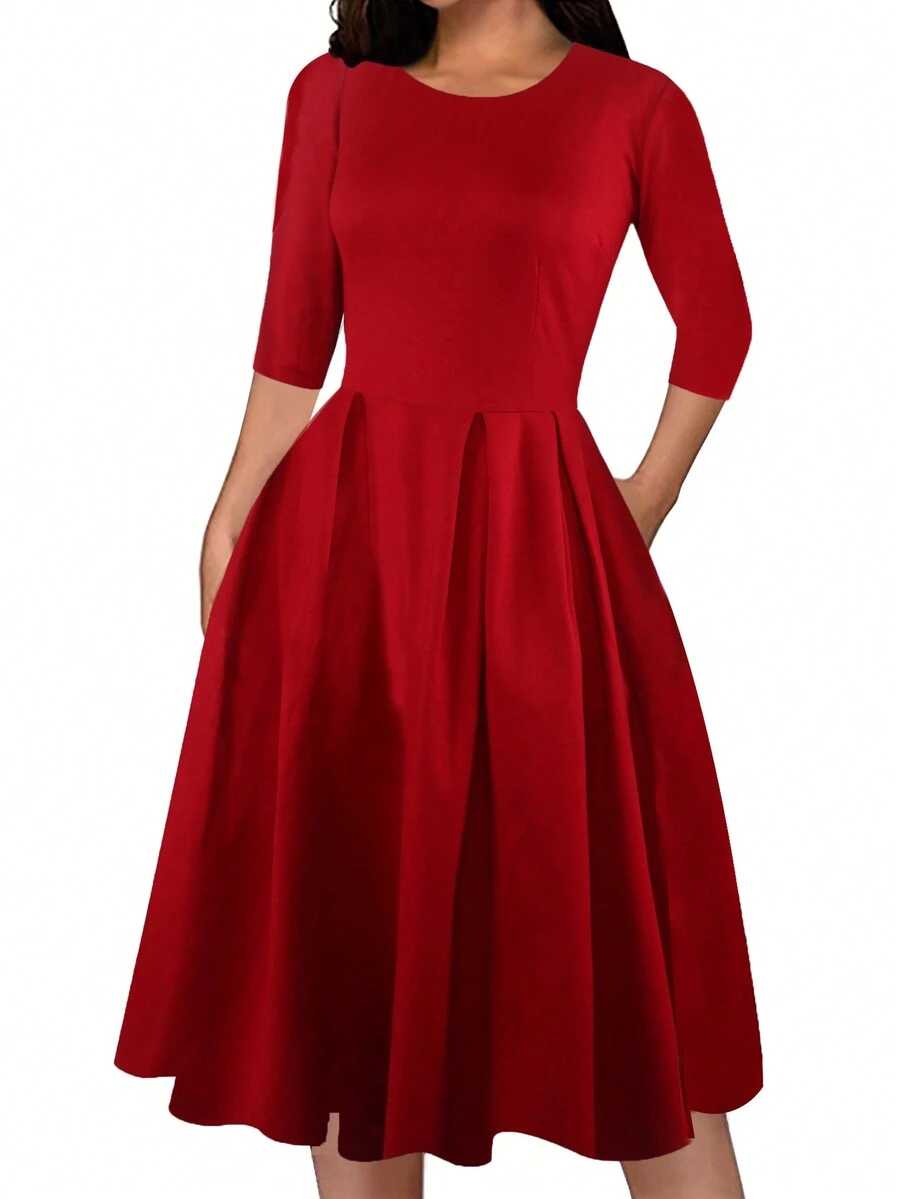 Vestido Cremallera Tablas Liso Elegante - Burdeos - Ver 1