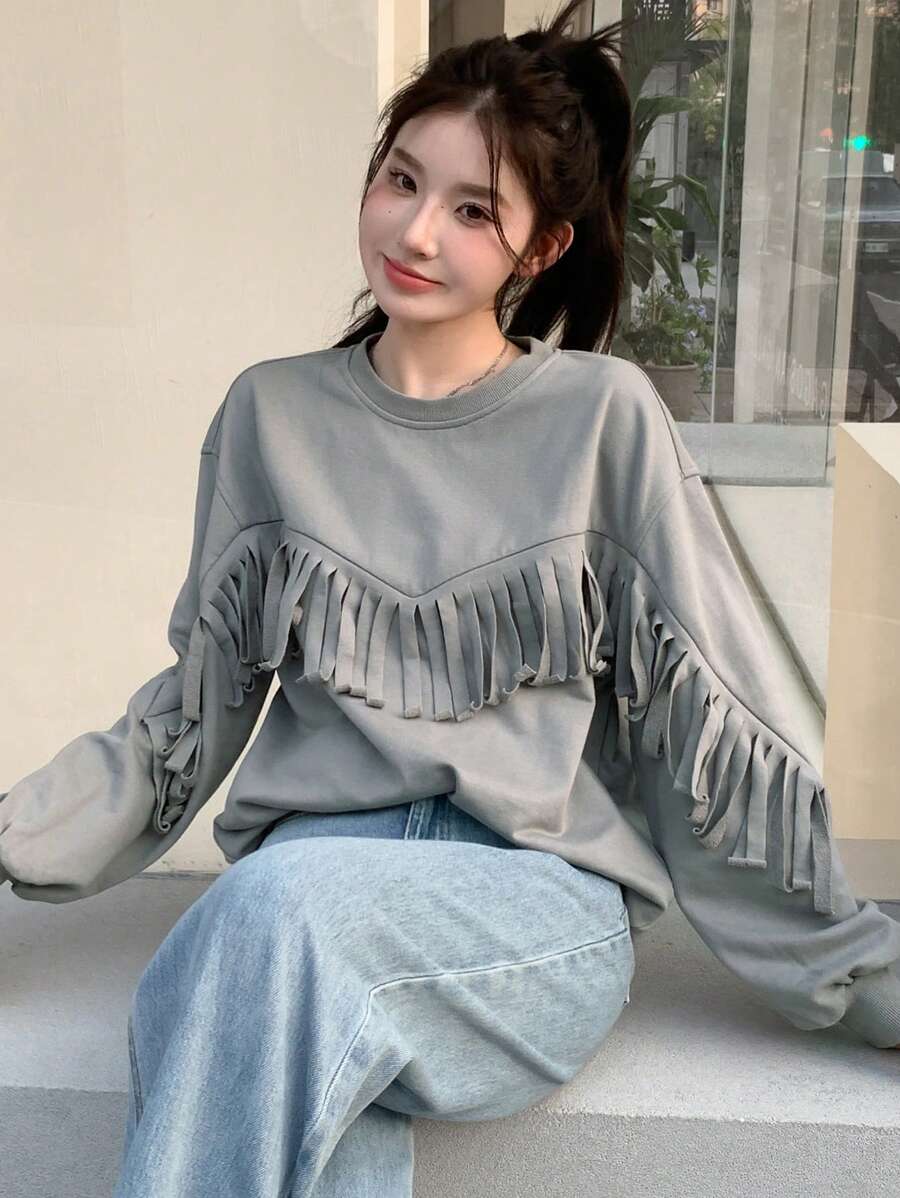 DAZY Áo nỉ hở vai tua rua, nhún bèo, quần áo mùa thu - Xám - Xem 1