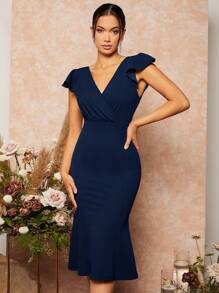 SHEIN Belle Women's Solid Ruffle Trim Mermaid Hem Bridesmaid Dress,Elegant Cocktail Semi Formal Prom Wedding Guest Dress For Birthday,Graduation,Dinner Party - Navy Blue - View 3