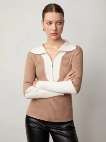 BizChic Jersey de dos tonos con cremallera media tejido de canalé