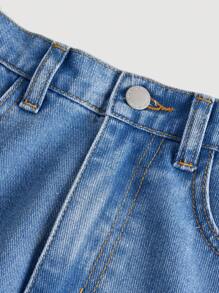 SHEIN 青少年女孩側翻蓋口袋工裝牛仔褲 - 中等水洗藍 - 查看 3