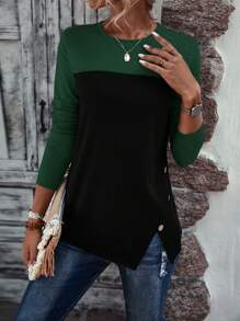 SHEIN LUNE 双色纽扣细节不对称下摆 T 恤图案 T 恤女式上衣 - 墨綠色 - 查看 5