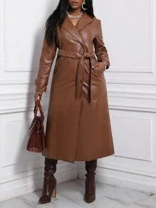 Slaydiva 雙排釦腰帶亮面風衣外套 - 棕色 - 查看 3