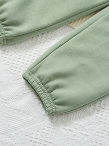 SHEIN Young Boy Slogan Patched Kangaroo Pocket Hoodie & Joggers - Mint Green - View 6