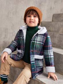 SHEIN 男小童1入組格紋印花毛絨內襯連帽花呢外套 - 彩色 - 查看 1