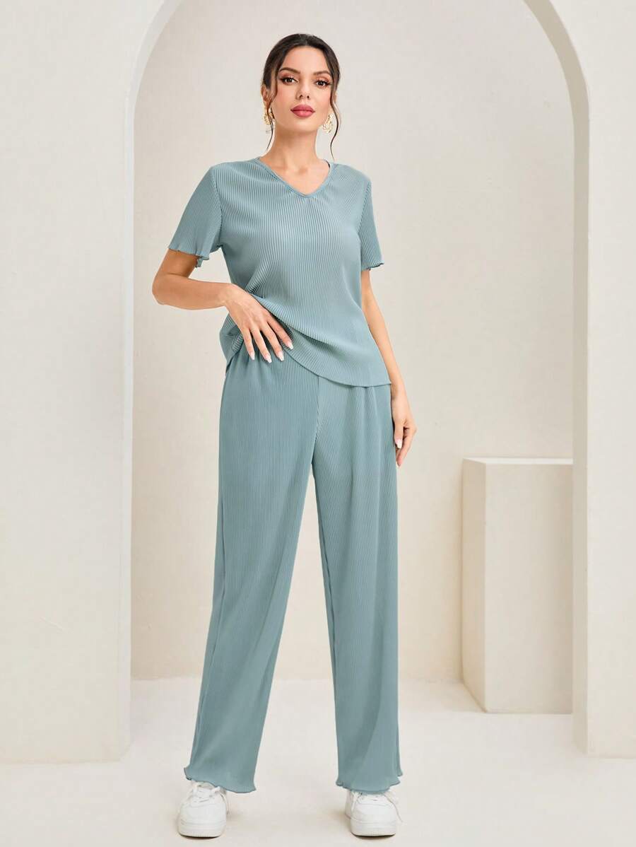 Mulvari Solid Ribbed Knit Top & Pants - Grey - View 1