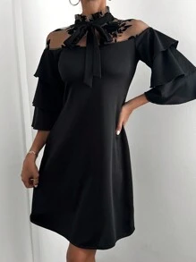 EURMUSE Contrast Mesh Tie Neck Ruffle Trim Dress - Black - View 5