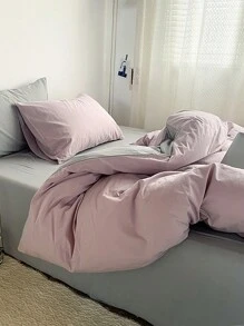 3pcs Pink & Gray Dormitory Bedding Set, Including 1pc Duvet Cover & 2pcs Pillowcases, Super Soft, Machine Washable, No Filling