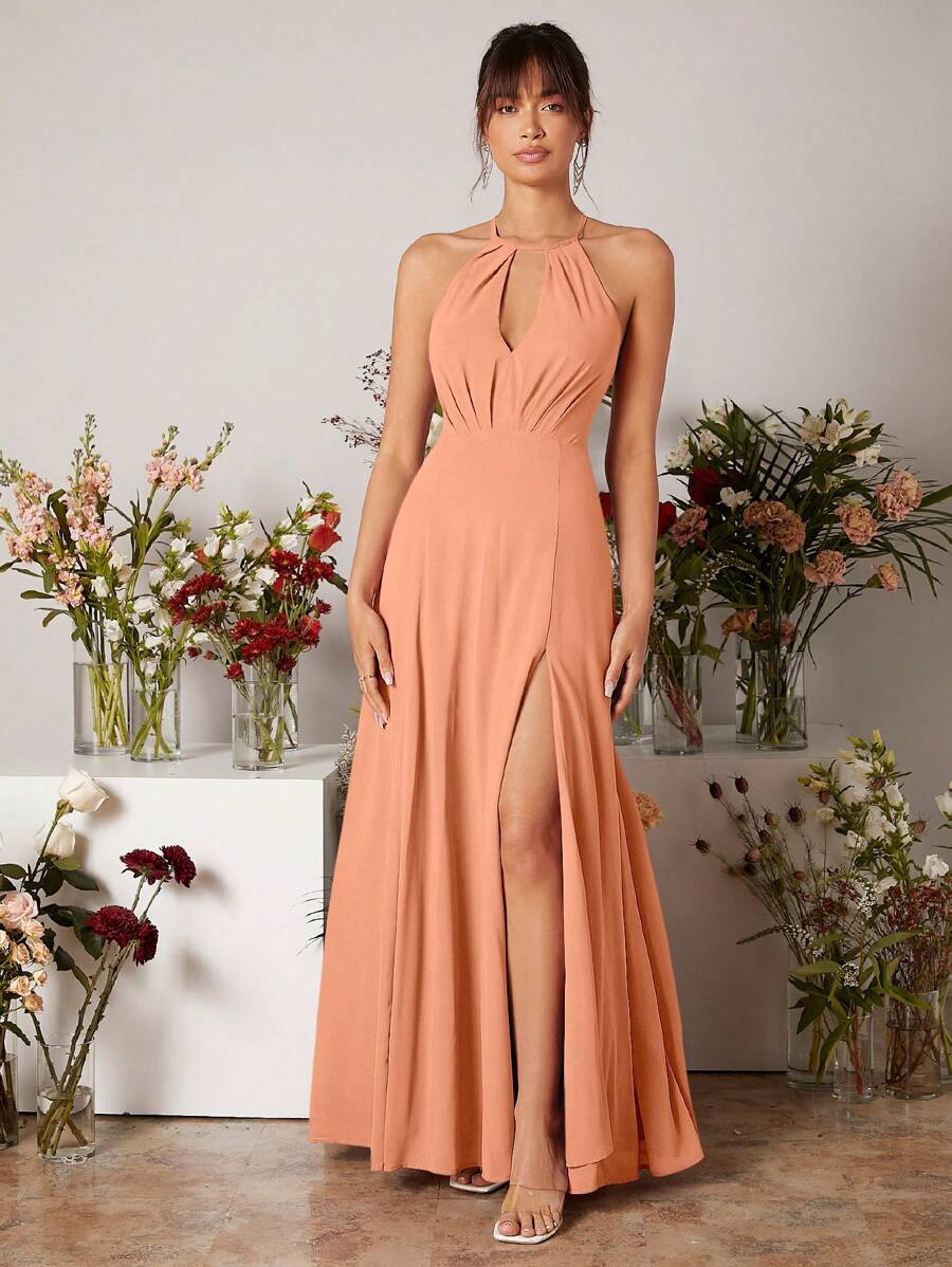SHEIN Belle Cut Out Front Split Thigh Halter Neck Backless Bridesmaid Dress Elegant Wedding Bridal Dress