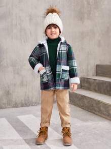 SHEIN 男小童1入組格紋印花毛絨內襯連帽花呢外套 - 彩色 - 查看 3