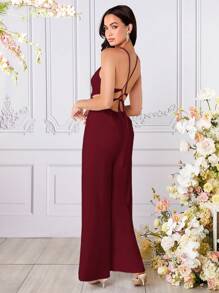 SHEIN Belle Bộ đồ liền thân ống rộng màu đỏ tía - Màu Đỏ Sâu - Xem 2