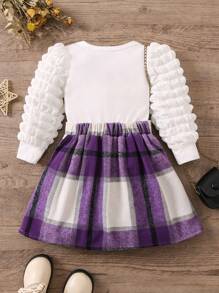 SHEIN Young Girl Solid Tee & Plaid Print Pleated Skirt - Mauve Purple - View 2