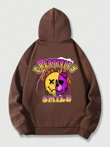 ROMWE MEN Street Life Các bạn Cartoon & Đồ họa chữ cái Dây rút Lót nhiệt Hoodie - màu nâu - Xem 1