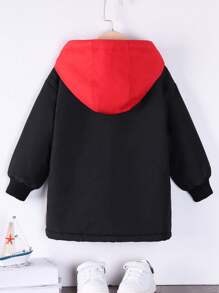 男童 1 件装 撞色边饰泰迪熊衬里连帽加厚外套 - 黑色 - 查看 2