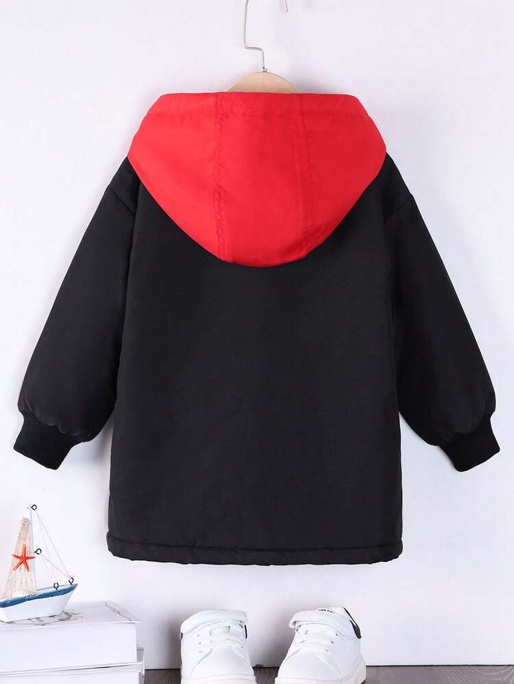 Young Boy 1pc Contrast Trim Teddy Lined Hooded Padded Coat