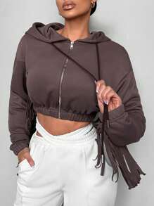 SHEIN SXY Áo hoodie có dây rút viền tua rua, thích hợp cho tiệc đêm giao thừa, kiểu dáng gợi cảm. - Màu nâu  Mocha - Xem 4