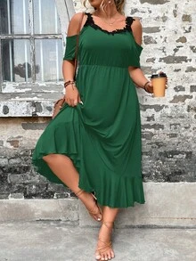 SHEIN LUNE 大碼蕾絲拼接挖肩荷葉邊洋裝 - 墨綠色 - 查看 4