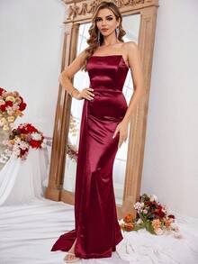 LOVE&LEMONADE Split Thigh Satin Formal Dress - Burgundy - View 7