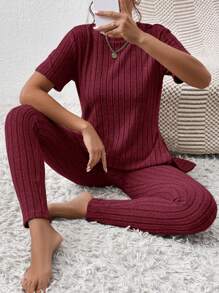 SHEIN LUNE 下擺開叉T恤和緊身褲 - 酒紅色 - 查看 4