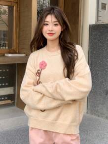 DAZY 花卉圖案補丁貼落肩袖套頭毛衣 - 杏色 - 查看 2