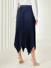 Modelyn Solid Hanky Hem Pleated Skirt - Navy Blue - View 2
