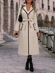 SHEIN Clasi 撞色滾邊腰帶風衣外套 - 杏色 - 查看 3